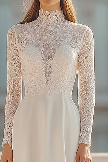 Modest Lace A Line Ivory High Neck Wedding Dress
